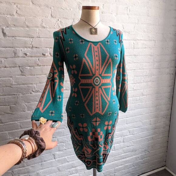 Y2K Funky Knit Dress Green Boho Chic Fairycore Longsleeve Western Bodycon Dress - Picture 1 of 6